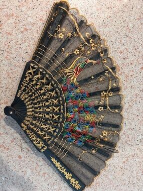 Vintage Embroidered Peacock Hand Fan - Black with Multicolor Embroidery